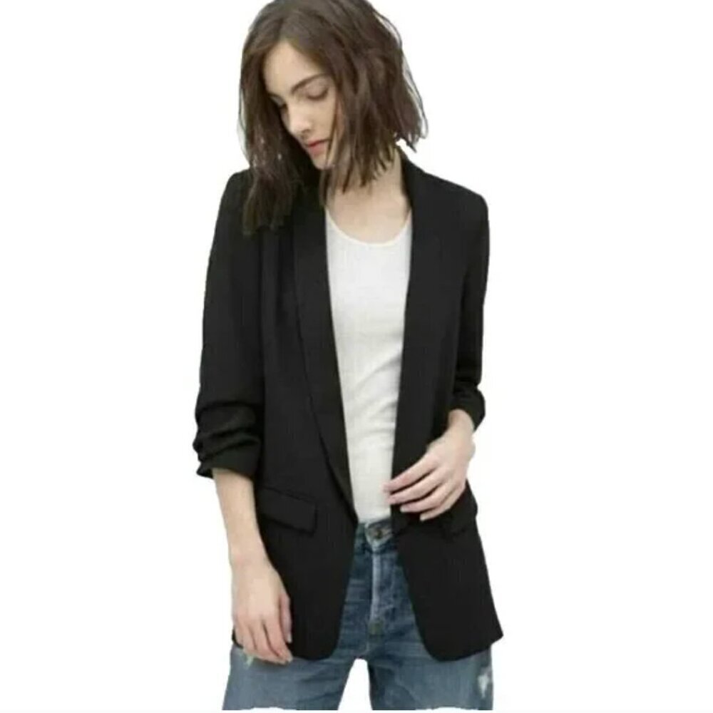 Zara Ruched Scrunch Sleeve Boyfriend Blazer Solid Black Size S - Picture 2 of 4